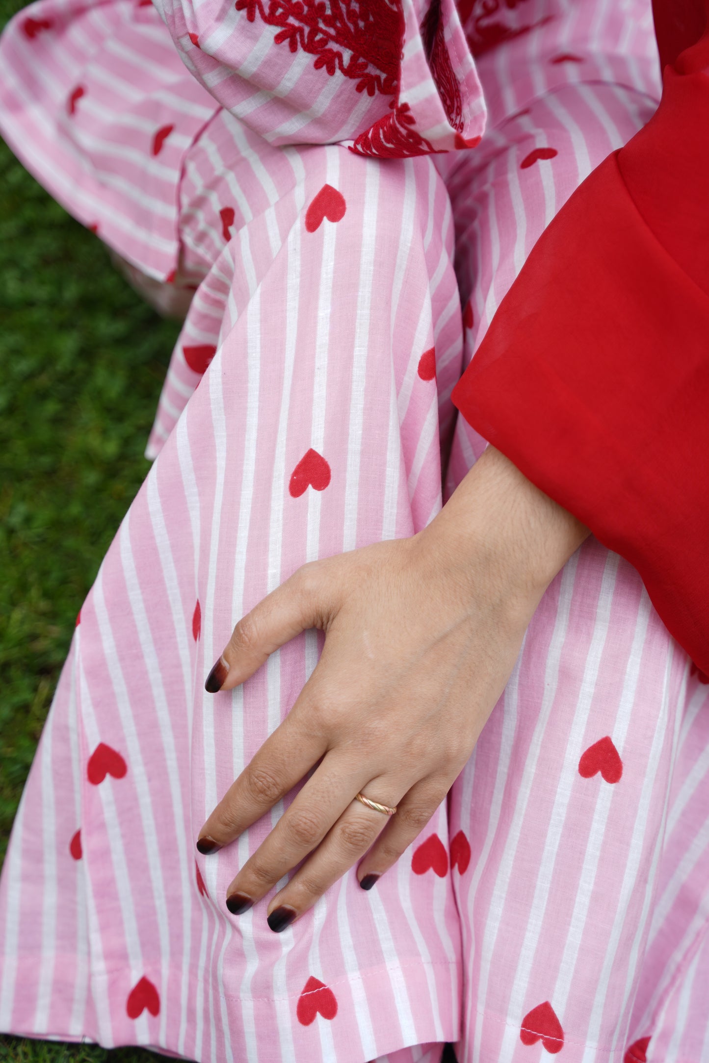 3-Piece Red, White and Pink Heart Aari Co-Ord Set