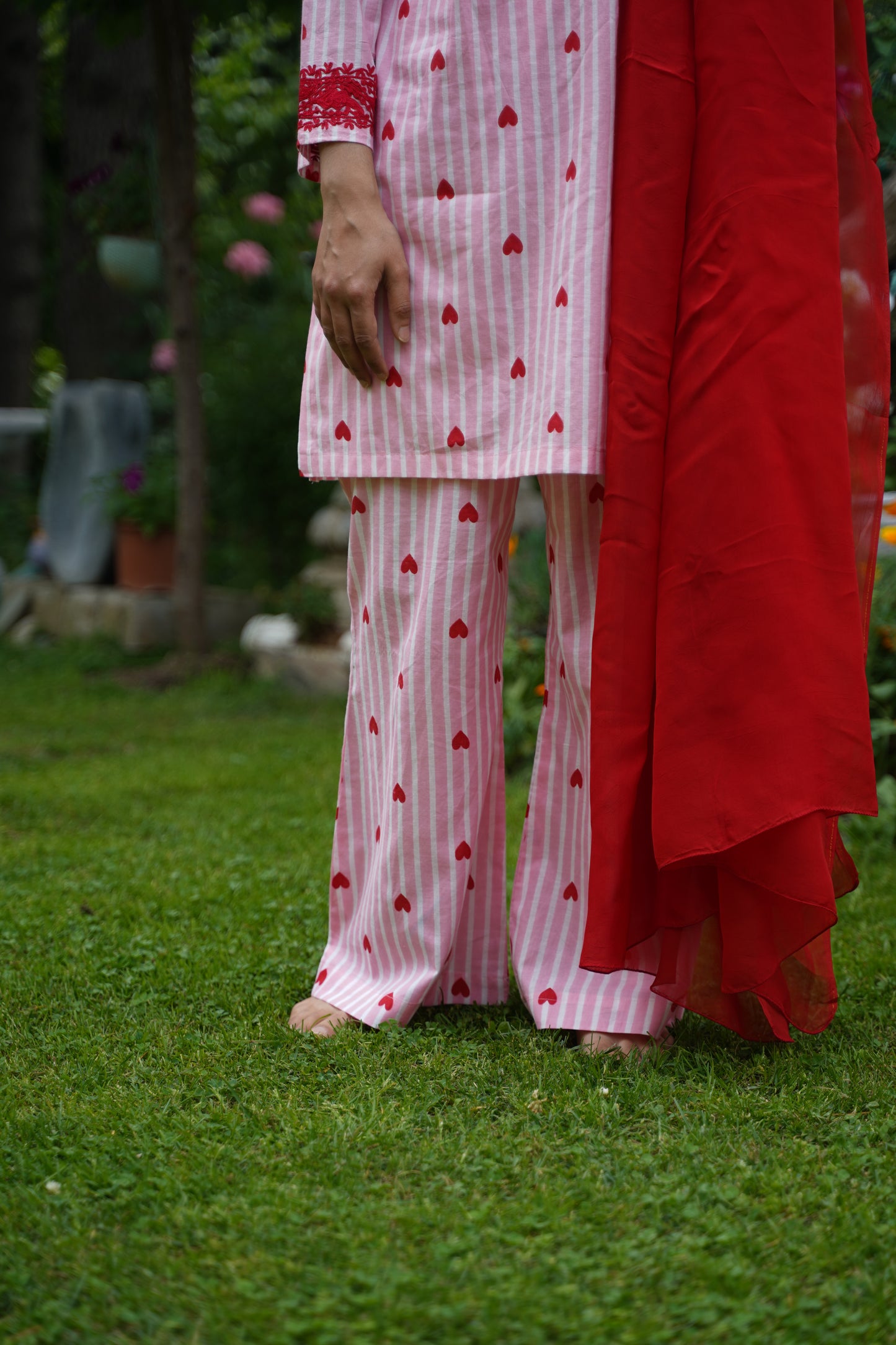 3-Piece Red, White and Pink Heart Aari Co-Ord Set