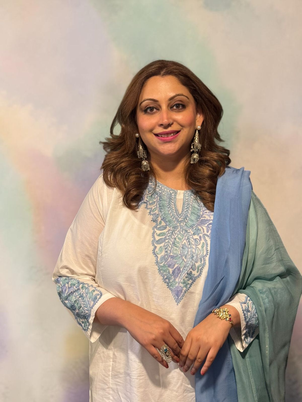 3-Piece White Summer Pheran Suit with Mint & Blue Aari Work