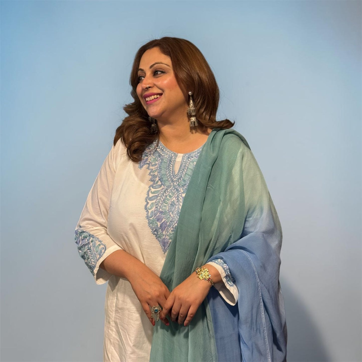 3-Piece White Summer Pheran Suit with Mint & Blue Aari Work