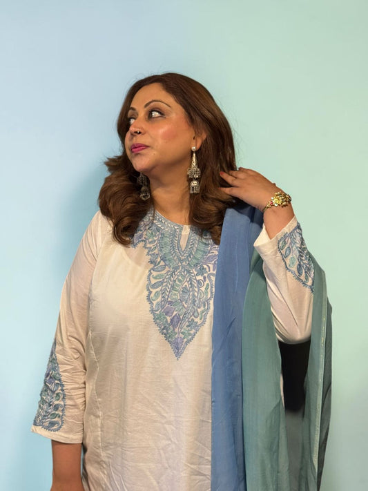 3-Piece White Summer Pheran Suit with Mint & Blue Aari Work
