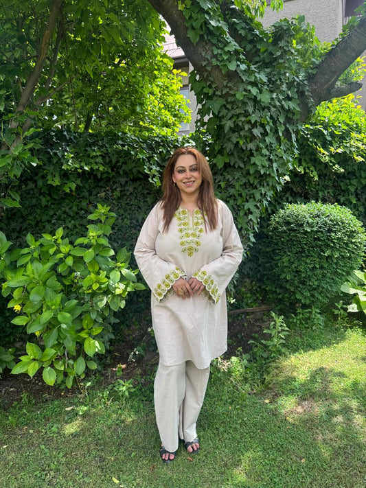 2-Piece Beige Aari Co-Ord Set with Green Floral Scalping Work