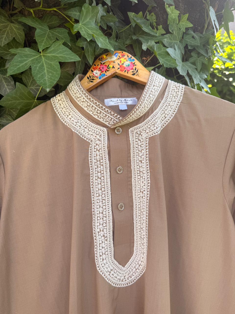 Men's 2-Piece Shalwar Kameez – Light Brown Doav Hand Embroidered Set