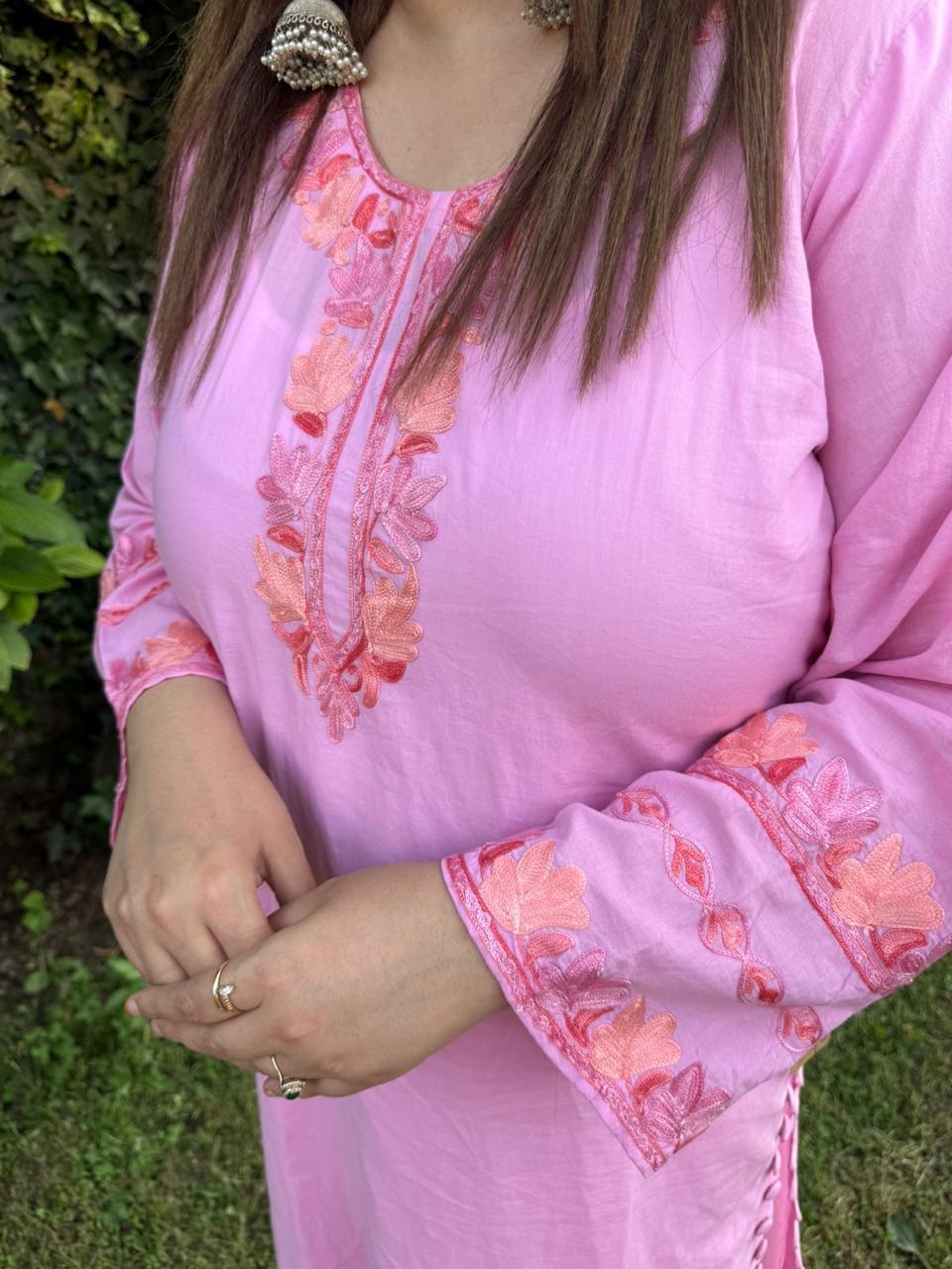 2-Piece Bubblegum Pink Aari Suit with Sleeve Panel Work & Side Slit Button Detailing