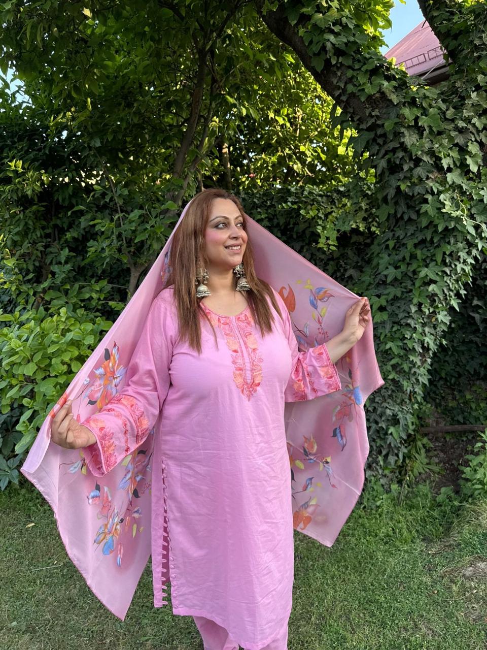 2-Piece Bubblegum Pink Aari Suit with Sleeve Panel Work & Side Slit Button Detailing