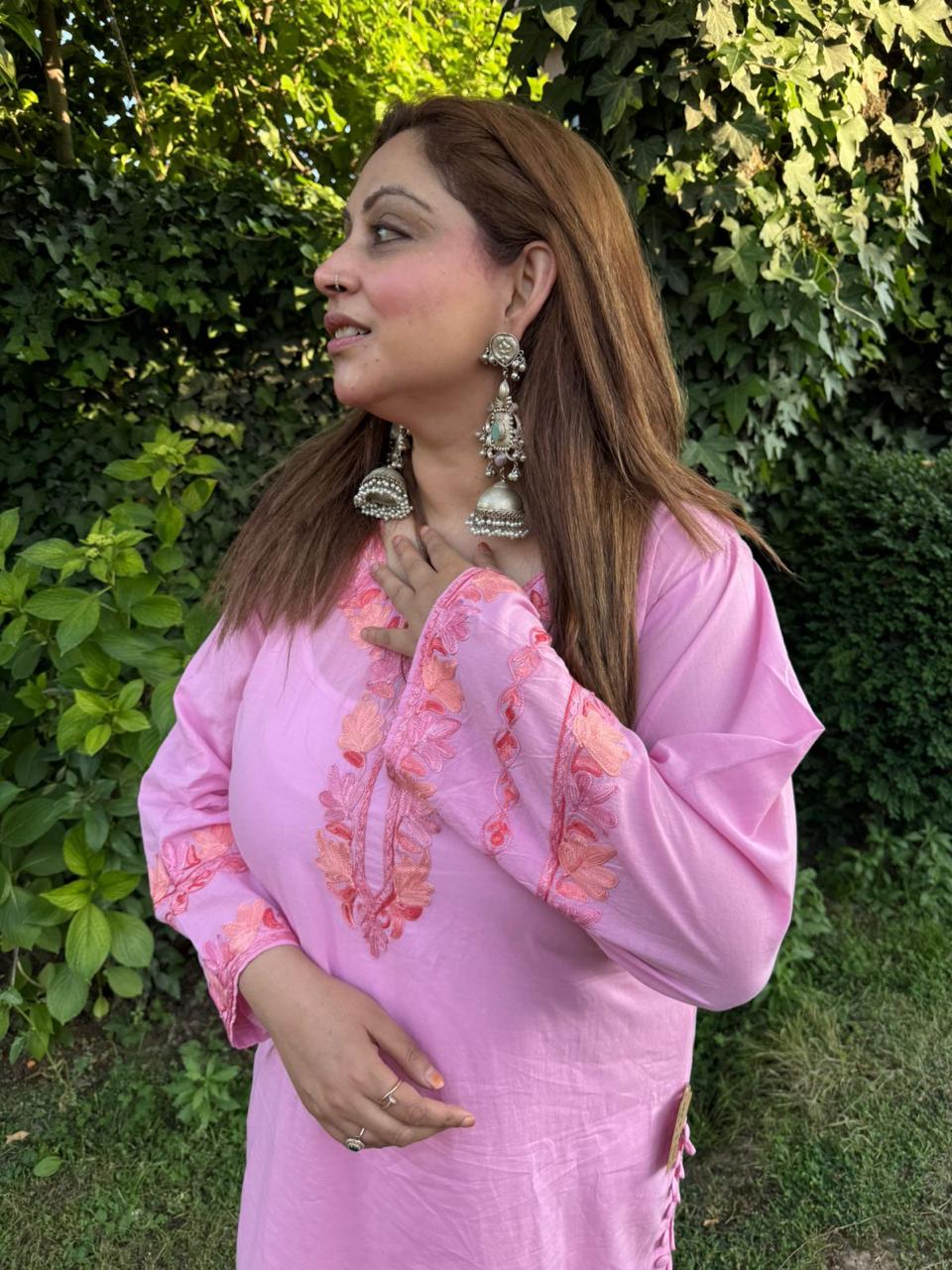 2-Piece Bubblegum Pink Aari Suit with Sleeve Panel Work & Side Slit Button Detailing