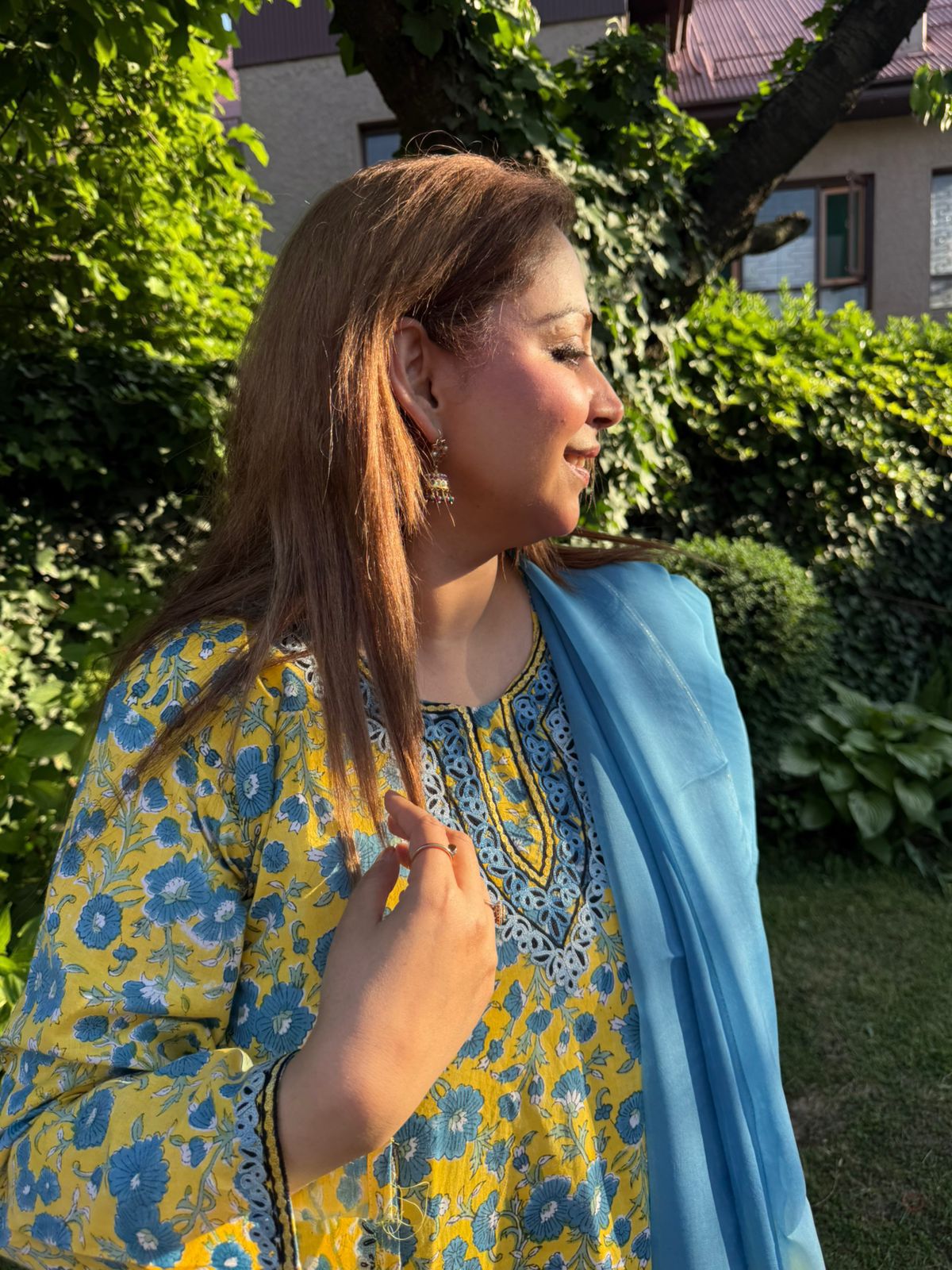 3-Piece Yellow & Blue Floral Print A-Line Set with Double Dye Dupatta