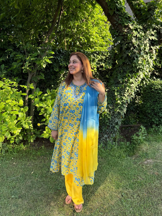 3-Piece Yellow & Blue Floral Print A-Line Set with Double Dye Dupatta
