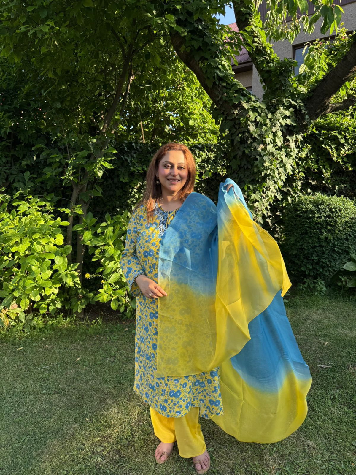 3-Piece Yellow & Blue Floral Print A-Line Set with Double Dye Dupatta