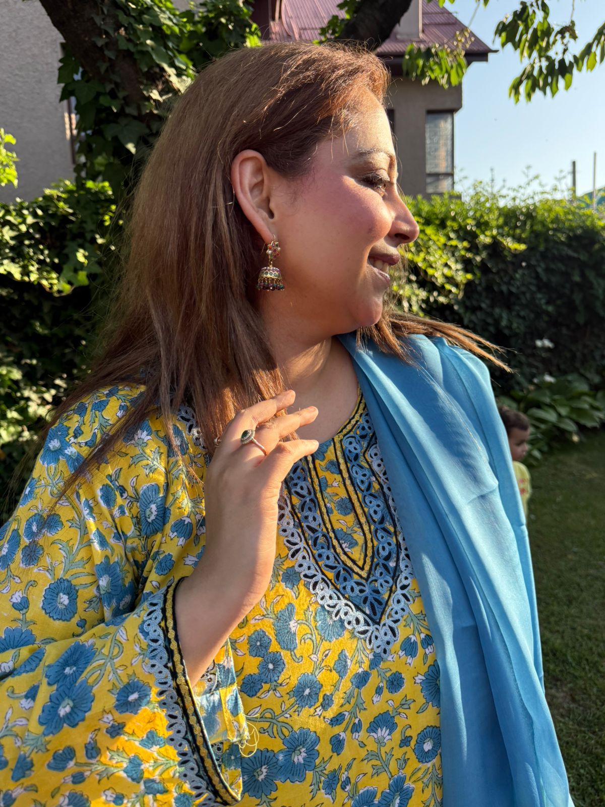 3-Piece Yellow & Blue Floral Print A-Line Set with Double Dye Dupatta