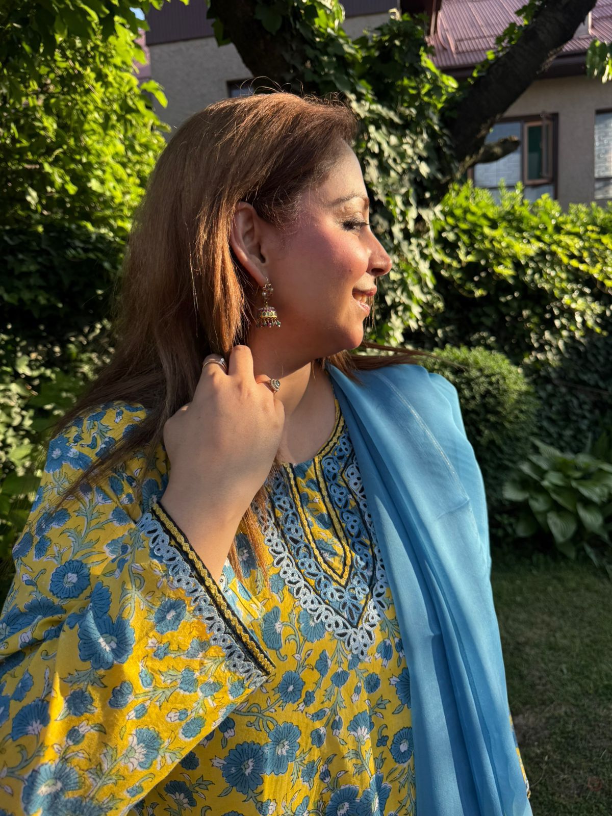 3-Piece Yellow & Blue Floral Print A-Line Set with Double Dye Dupatta