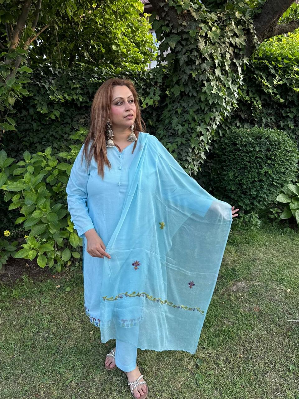3-Piece Ice Blue Embroidered Organza Panel Work Suit with Button Detailing
