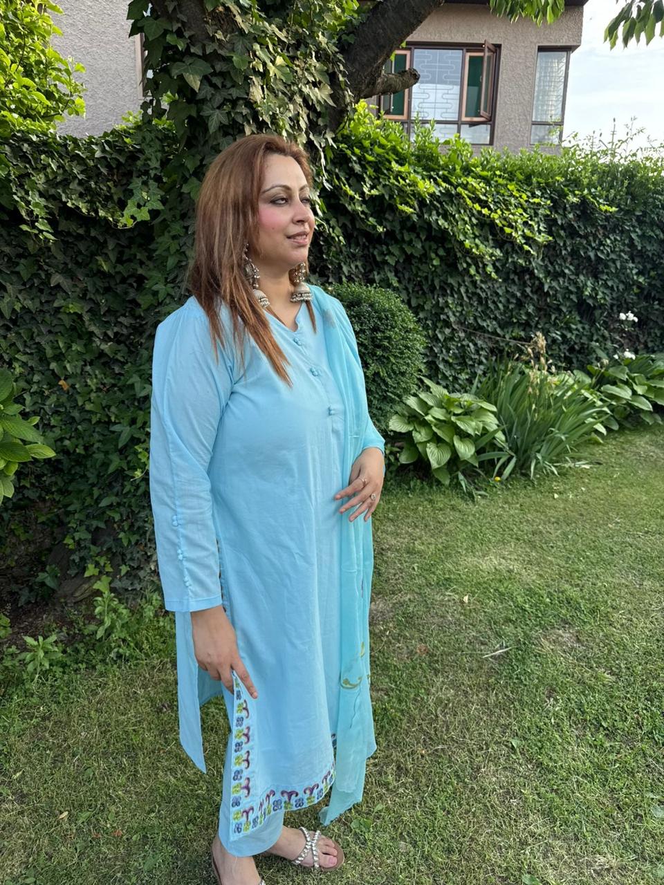 3-Piece Ice Blue Embroidered Organza Panel Work Suit with Button Detailing