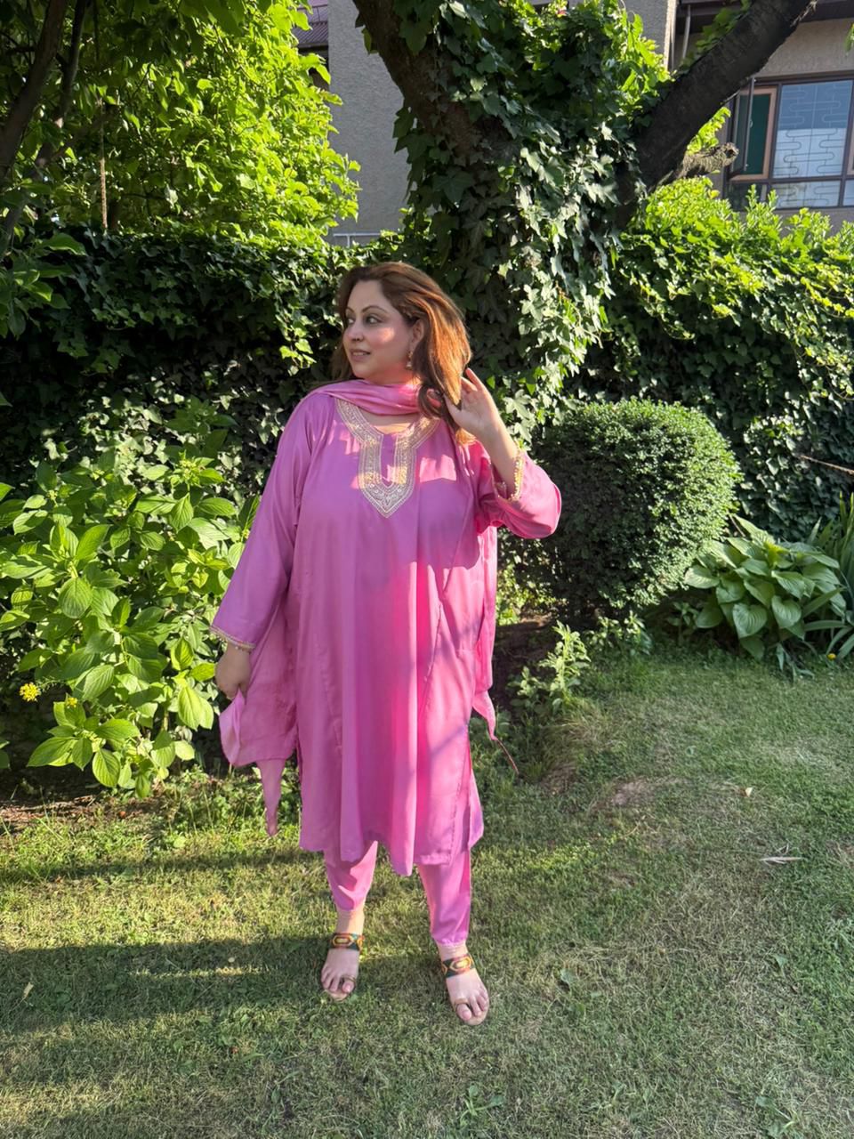 3-Piece Rose Pink Hand Tilla Pheran Set with Faux Silk Dupatta