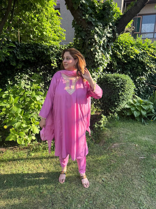 3-Piece Rose Pink Hand Tilla Pheran Set with Faux Silk Dupatta