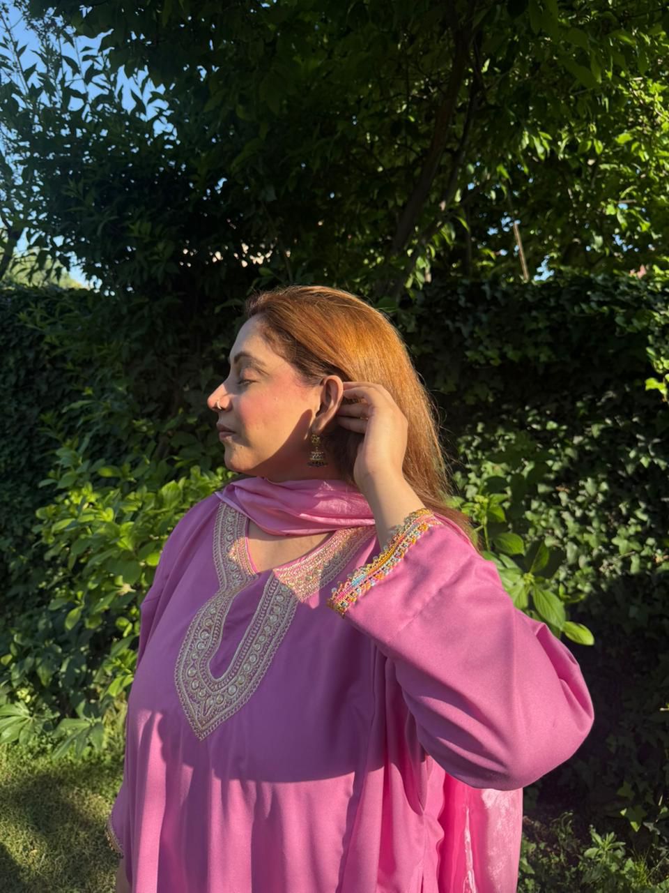 3-Piece Rose Pink Hand Tilla Pheran Set with Faux Silk Dupatta
