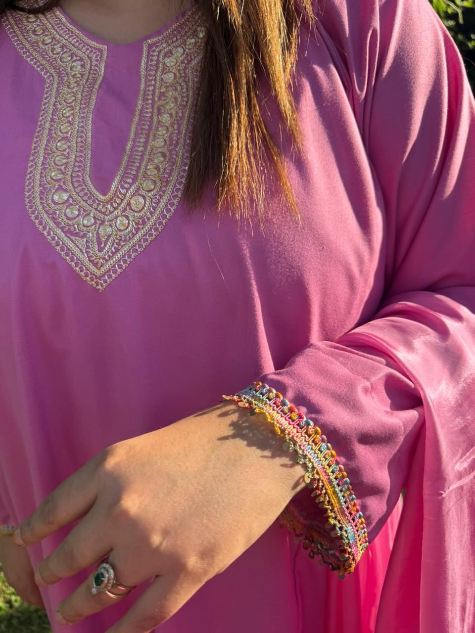 3-Piece Rose Pink Hand Tilla Pheran Set with Faux Silk Dupatta