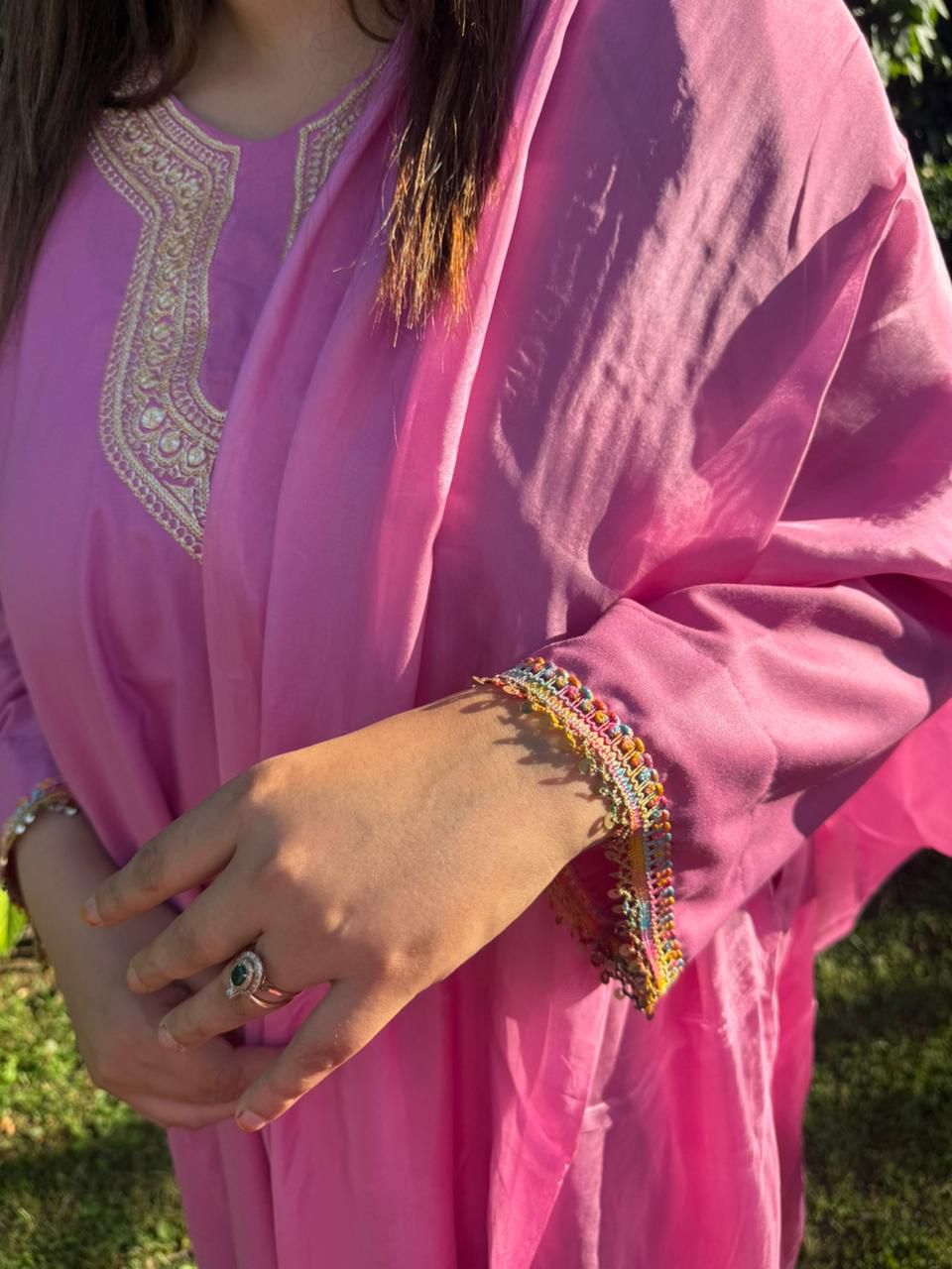 3-Piece Rose Pink Hand Tilla Pheran Set with Faux Silk Dupatta