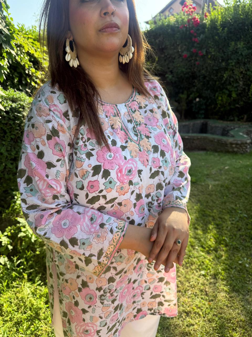 2-Piece White & Pink Floral Summer Co-Ord Set with Aari Embroidery