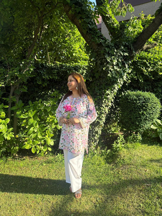 2-Piece White & Pink Floral Summer Co-Ord Set with Aari Embroidery
