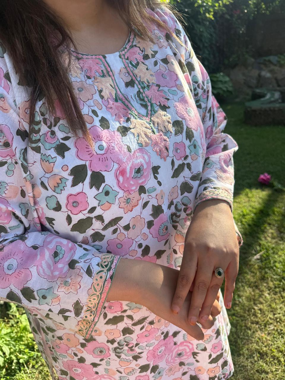 2-Piece White & Pink Floral Summer Co-Ord Set with Aari Embroidery