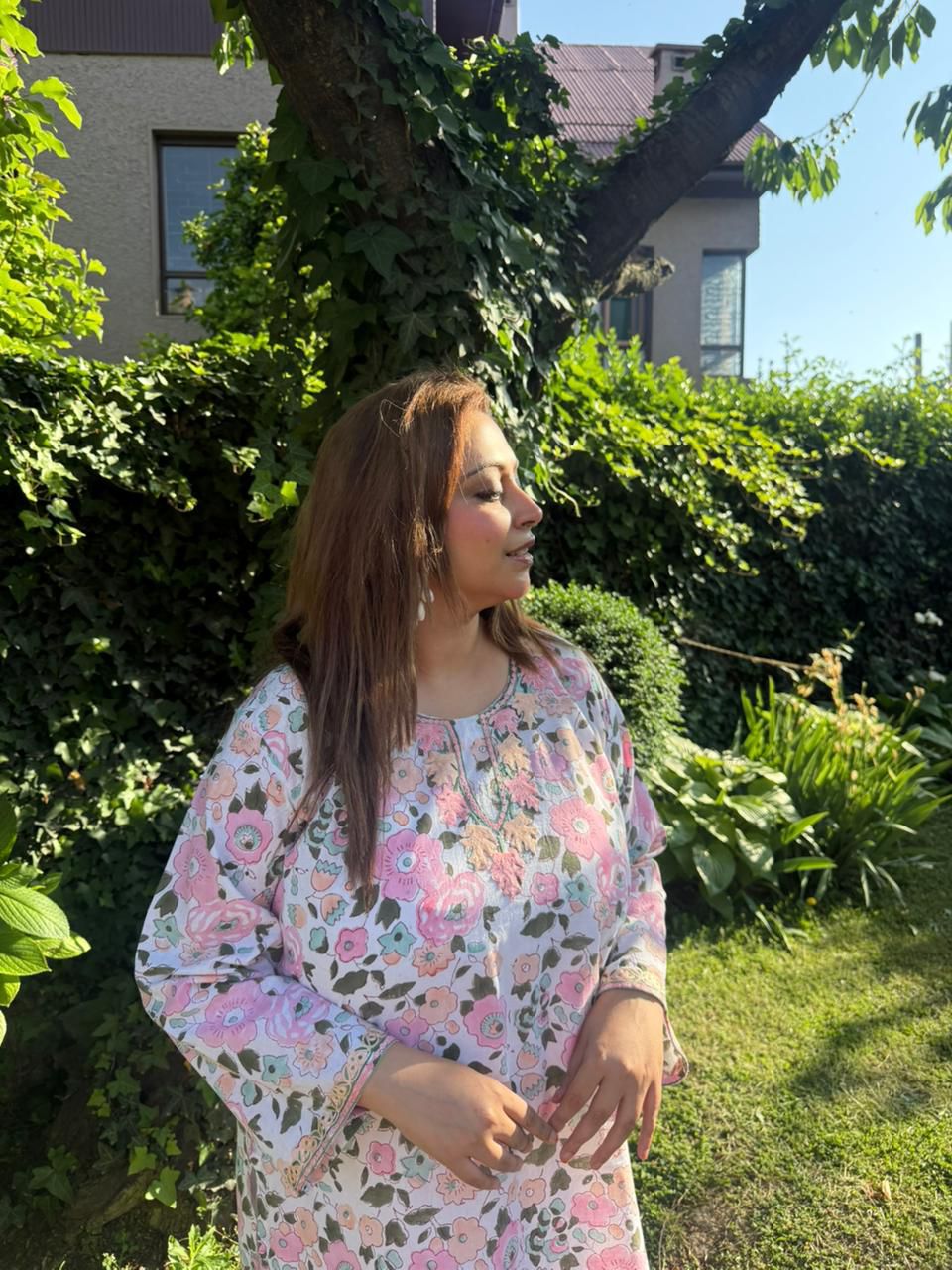 2-Piece White & Pink Floral Summer Co-Ord Set with Aari Embroidery