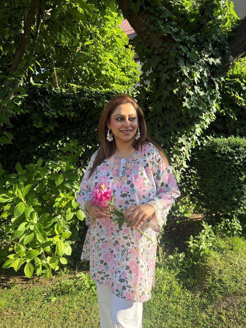 2-Piece White & Pink Floral Summer Co-Ord Set with Aari Embroidery
