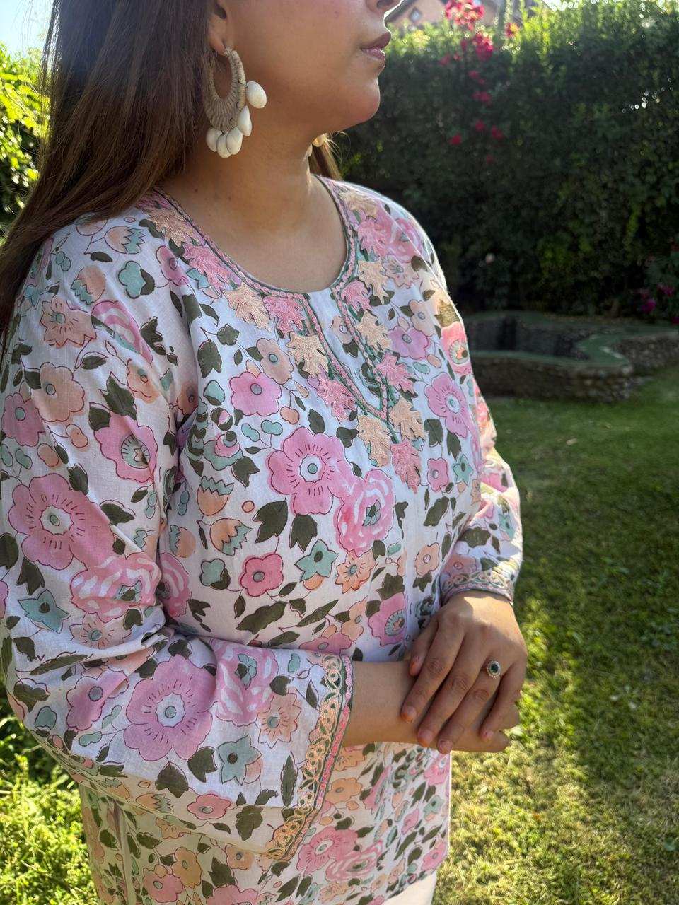 2-Piece White & Pink Floral Summer Co-Ord Set with Aari Embroidery