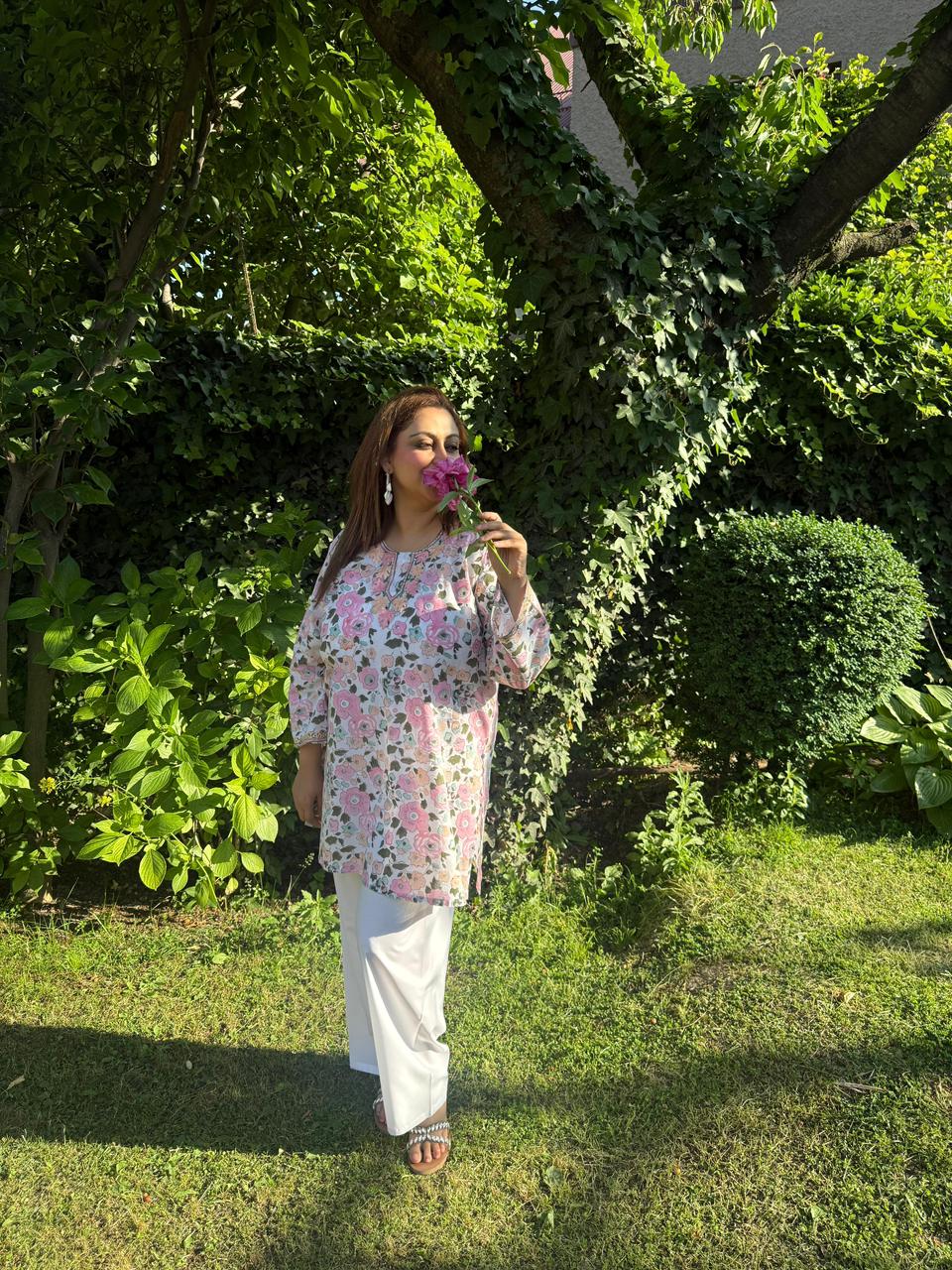 2-Piece White & Pink Floral Summer Co-Ord Set with Aari Embroidery