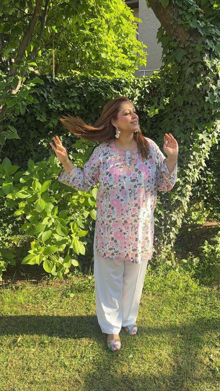 2-Piece White & Pink Floral Summer Co-Ord Set with Aari Embroidery