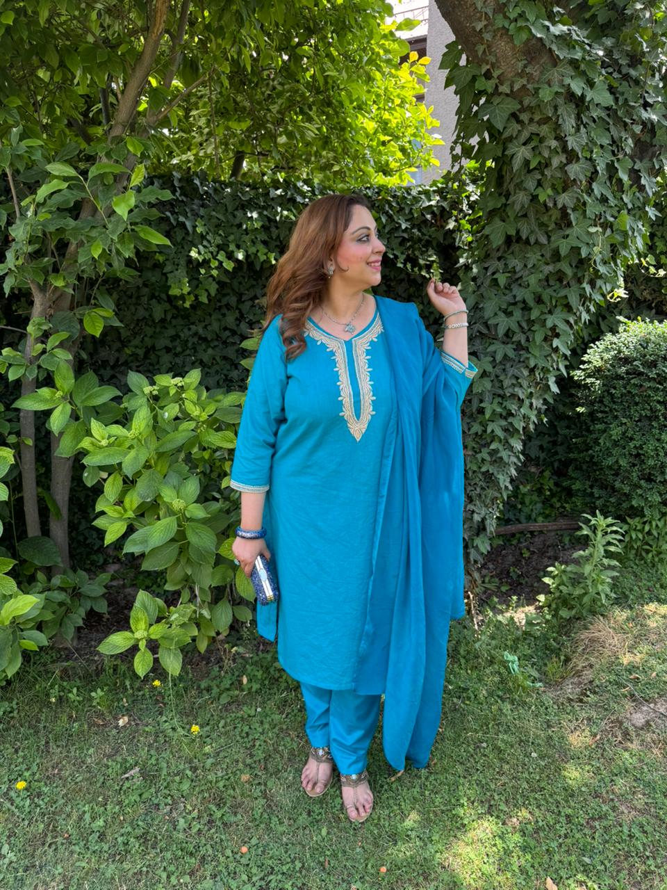 3-Piece Teal Blue Pheran Set with Hand Tilla & Coordinated Dupatta