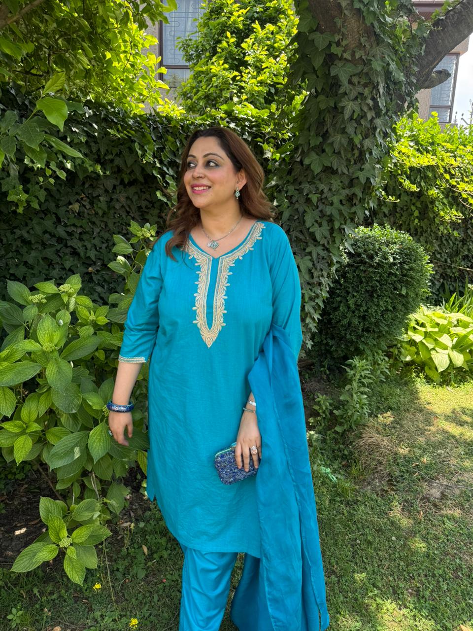 3-Piece Teal Blue Pheran Set with Hand Tilla & Coordinated Dupatta