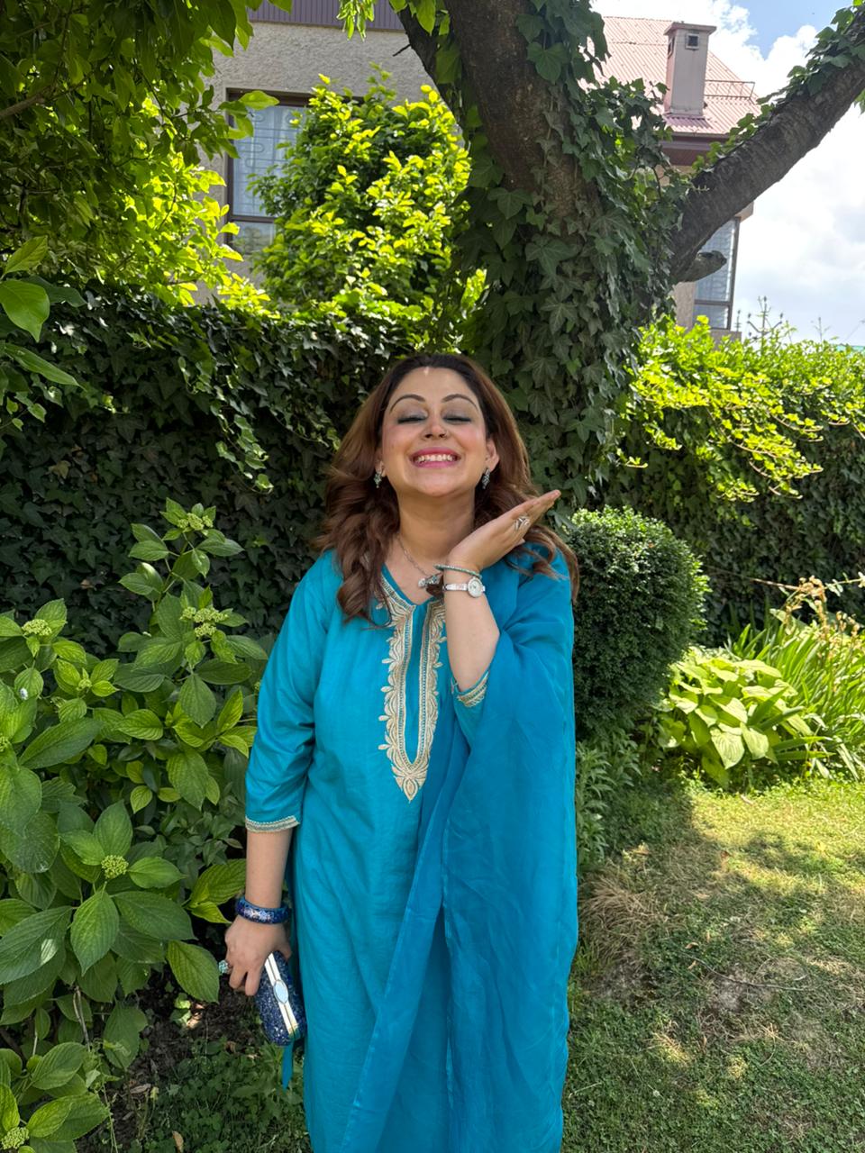 3-Piece Teal Blue Pheran Set with Hand Tilla & Coordinated Dupatta