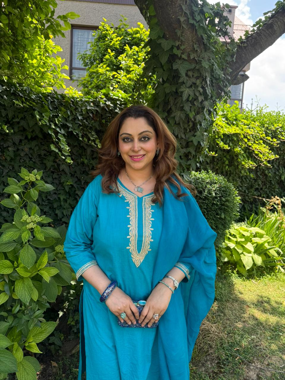 3-Piece Teal Blue Pheran Set with Hand Tilla & Coordinated Dupatta