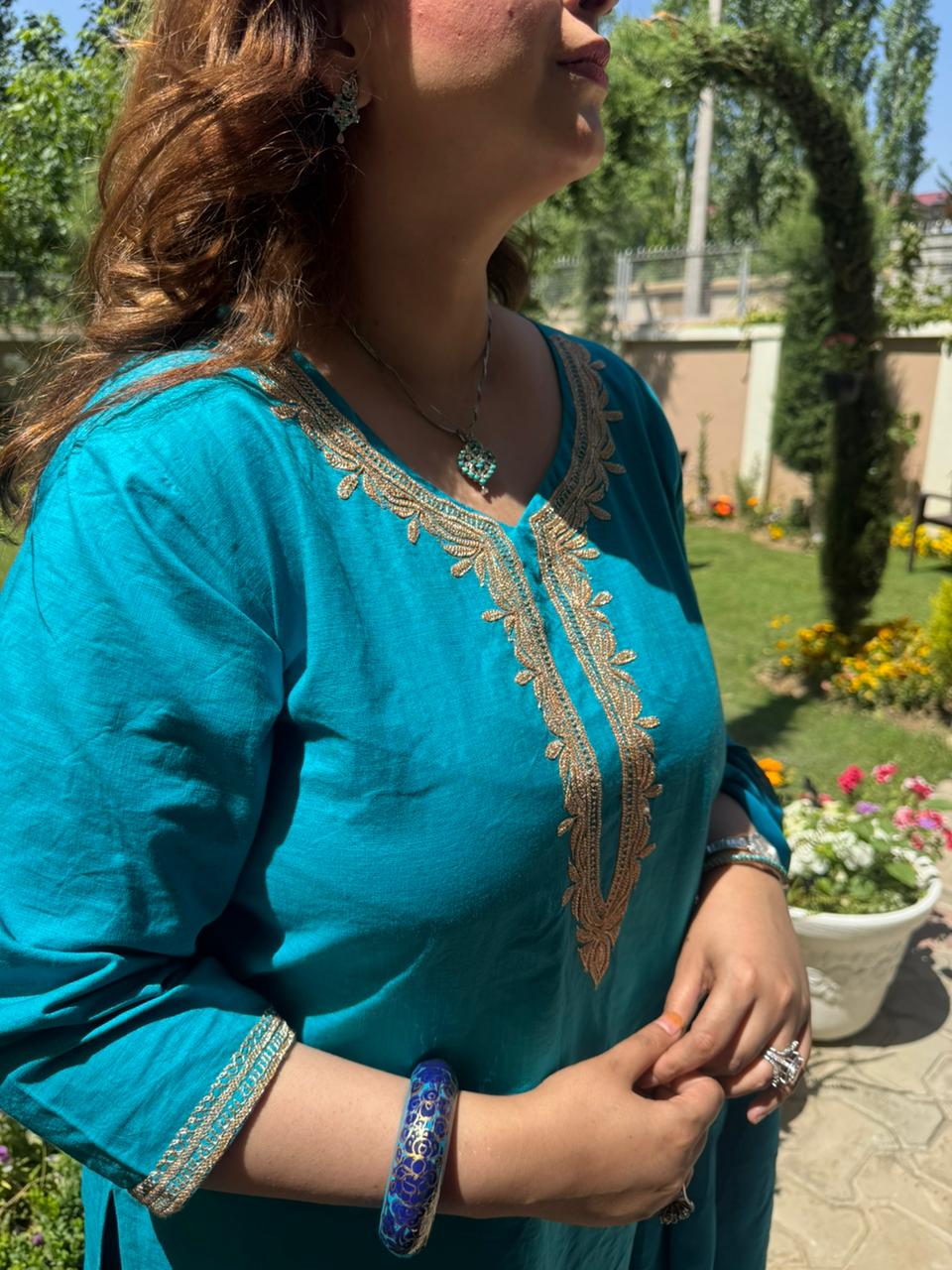 3-Piece Teal Blue Pheran Set with Hand Tilla & Coordinated Dupatta