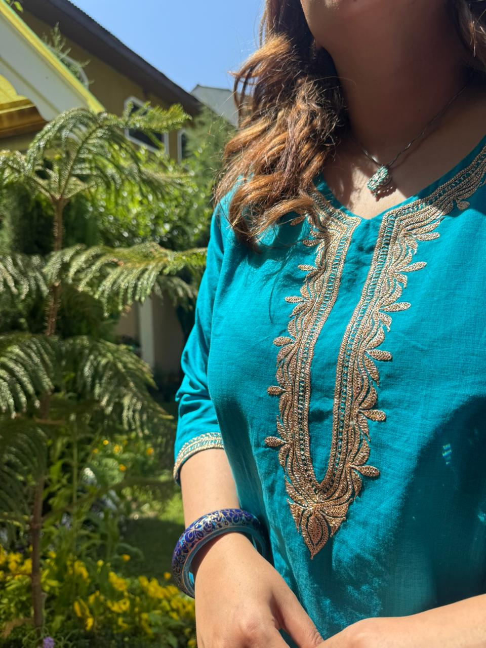 3-Piece Teal Blue Pheran Set with Hand Tilla & Coordinated Dupatta