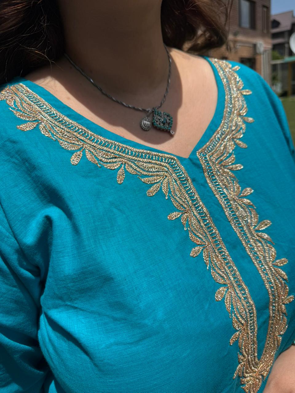 3-Piece Teal Blue Pheran Set with Hand Tilla & Coordinated Dupatta