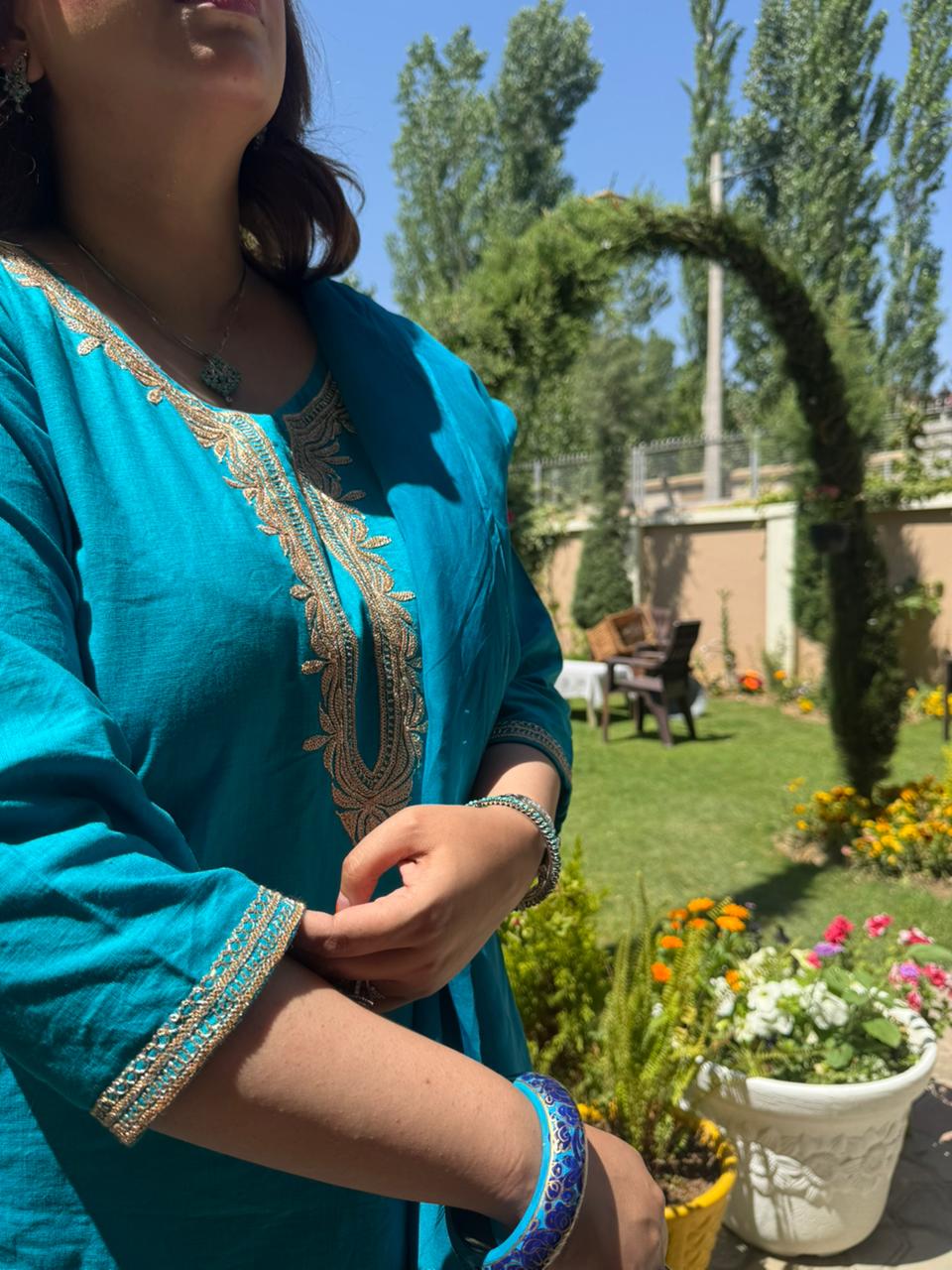 3-Piece Teal Blue Pheran Set with Hand Tilla & Coordinated Dupatta