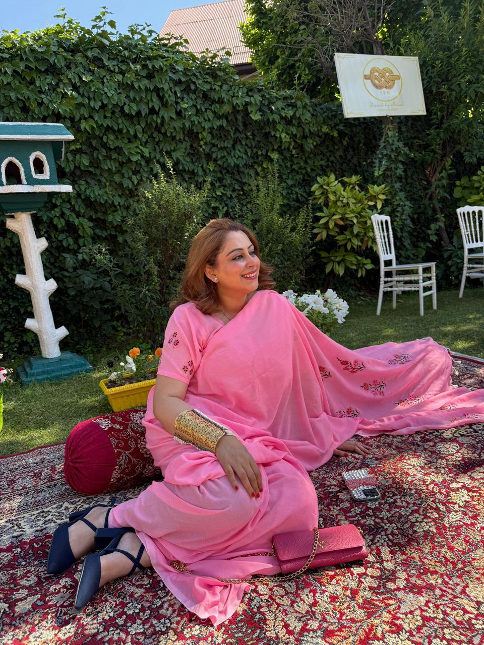 Cotton Candy Pink Pre-Draped Aari Saree with Attached Blouse Fabric