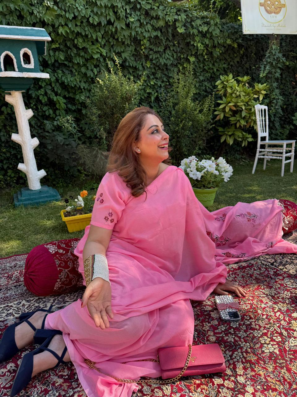 Cotton Candy Pink Pre-Draped Aari Saree with Attached Blouse Fabric