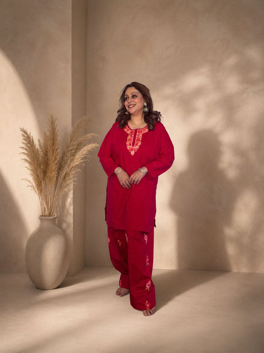2-Piece Crimson Red Aari Farshi Co-Ord Set