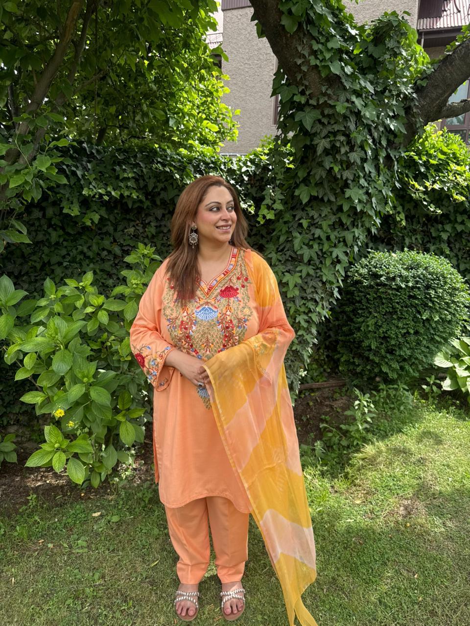 3-Piece Pastel Orange Suit with Hand-Embroidered Aari Bodice