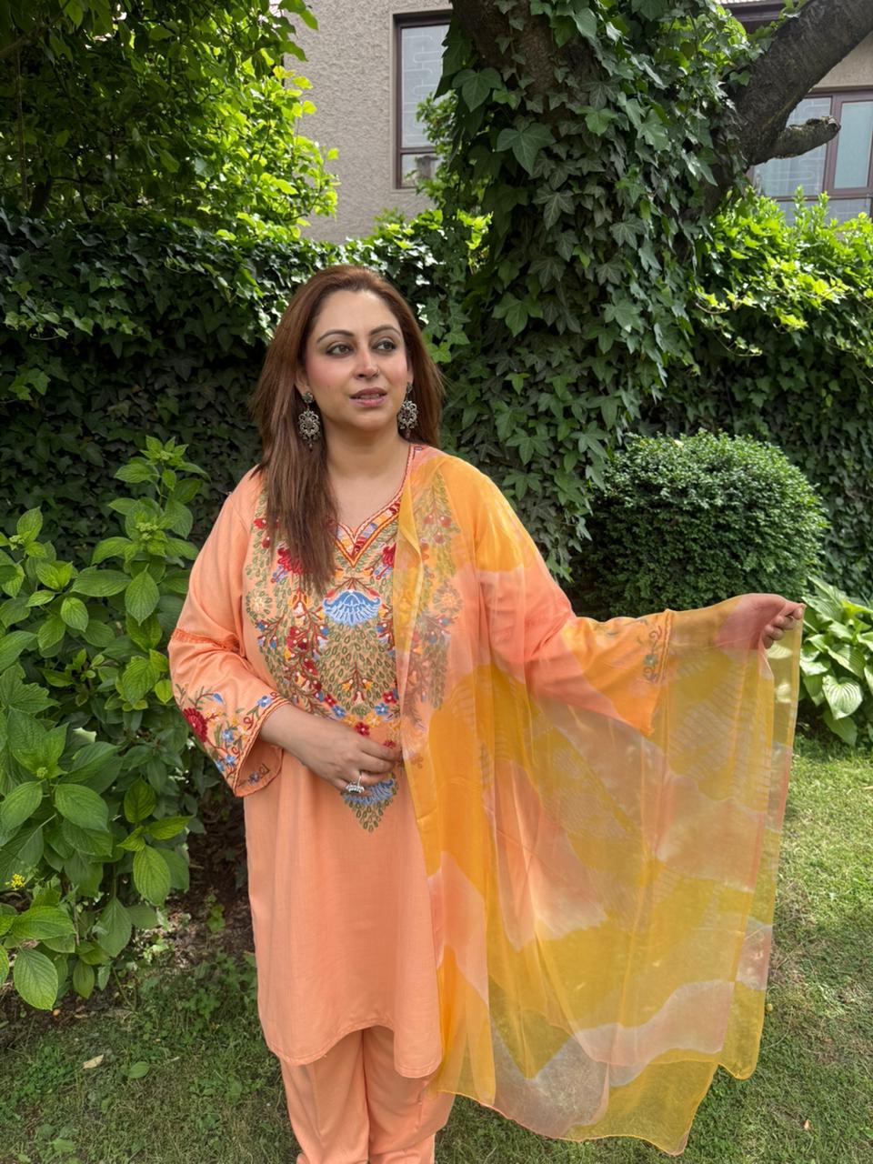 3-Piece Pastel Orange Suit with Hand-Embroidered Aari Bodice