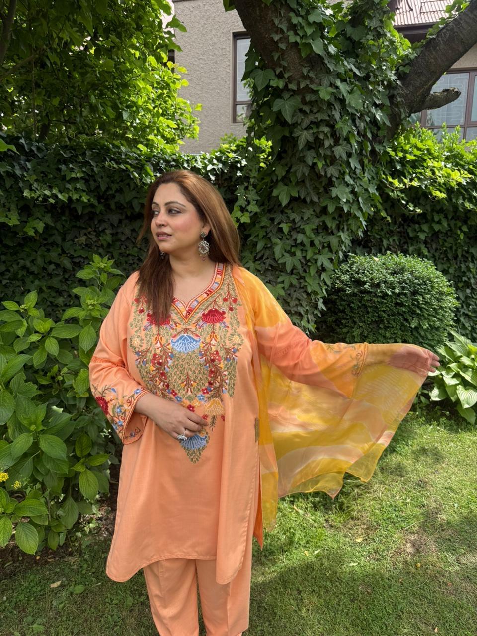 3-Piece Pastel Orange Suit with Hand-Embroidered Aari Bodice