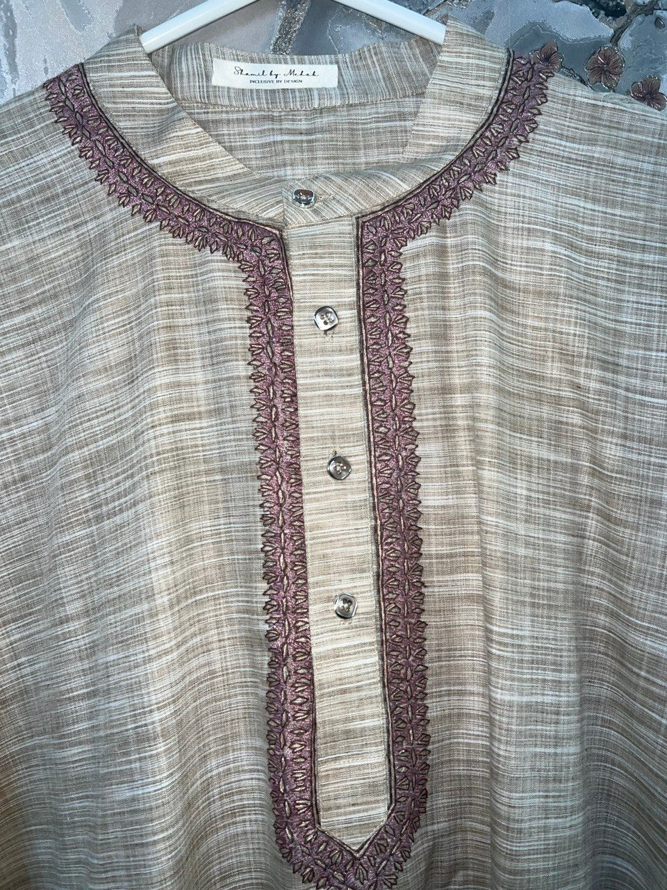 Men's Beige Slub Textured Kurta with Sozni Embroidered Neckline