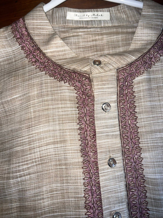 Men's Beige Slub Textured Kurta with Sozni Embroidered Neckline