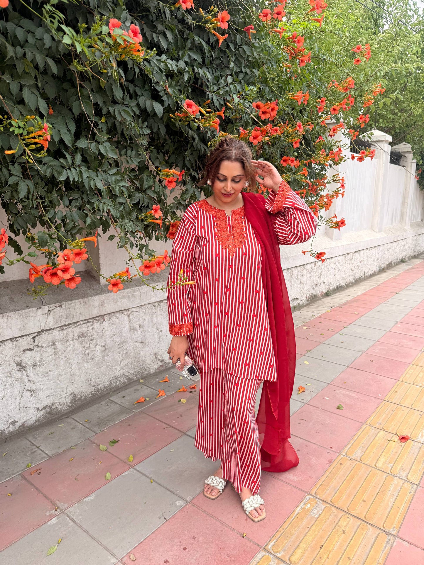 3-Piece Maroon, White and Orange Heart Aari Co-Ord Set with Maroon Aari