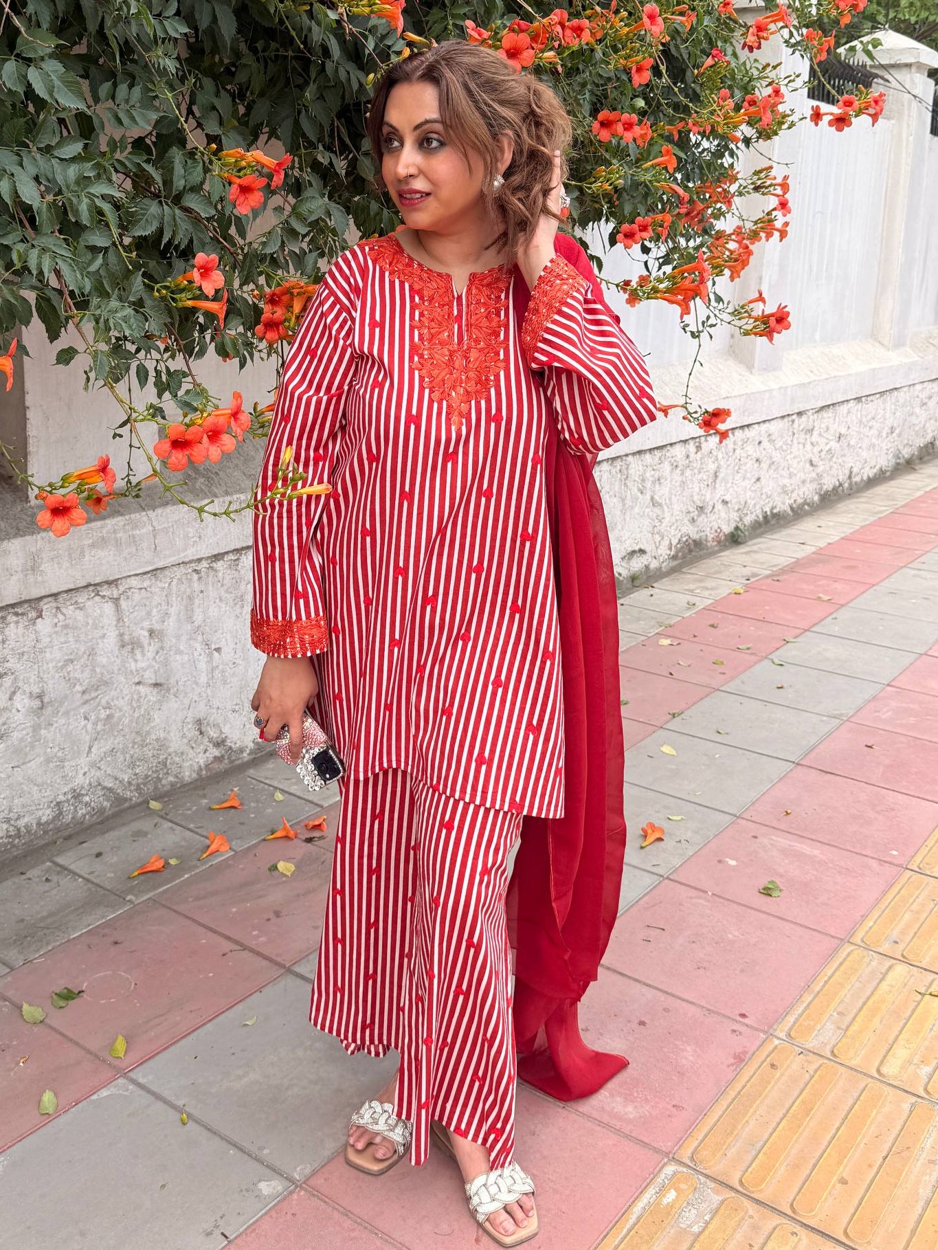 3-Piece Maroon, White and Orange Heart Aari Co-Ord Set with Maroon Aari