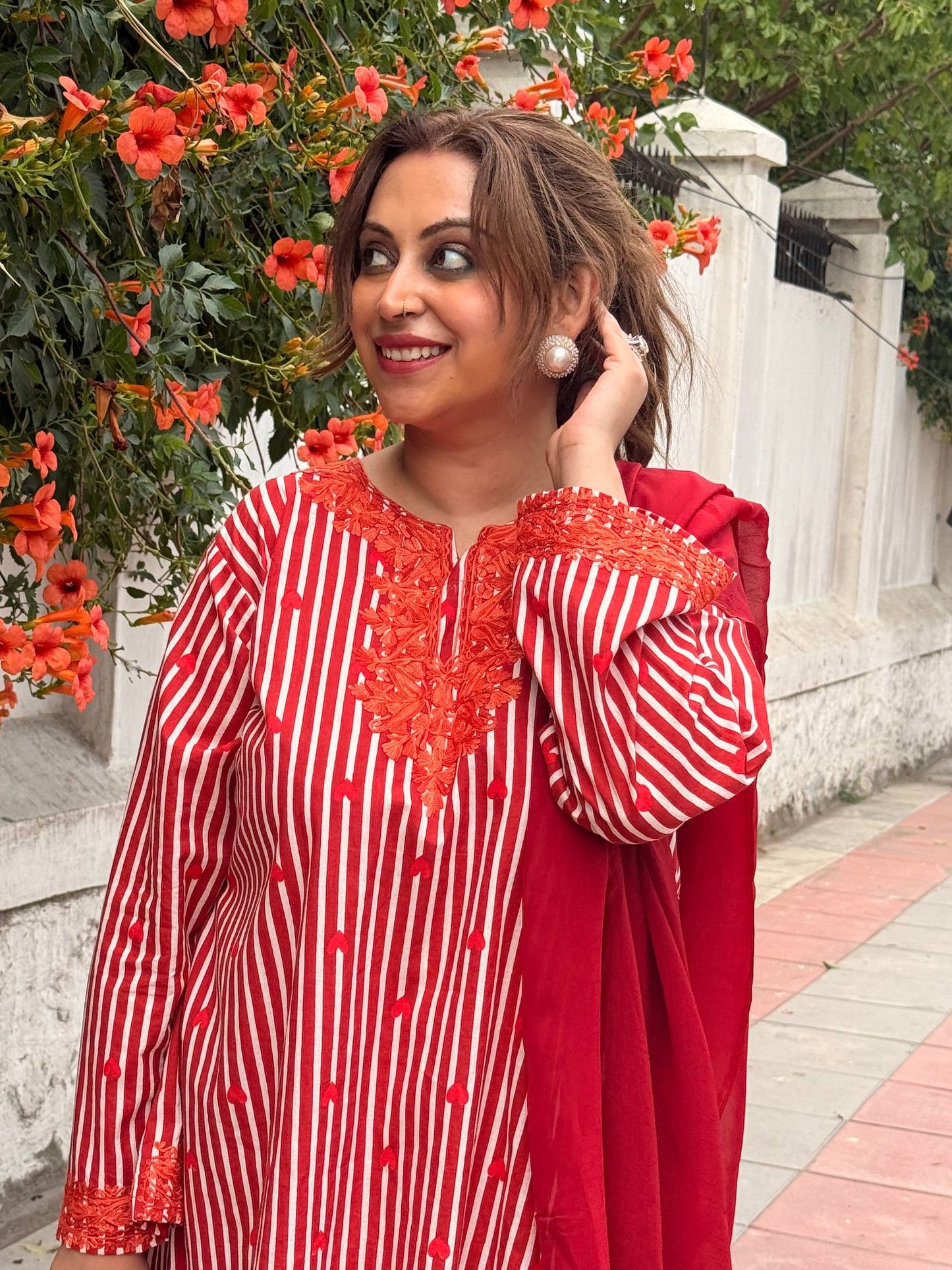 3-Piece Maroon, White and Orange Heart Aari Co-Ord Set with Maroon Aari