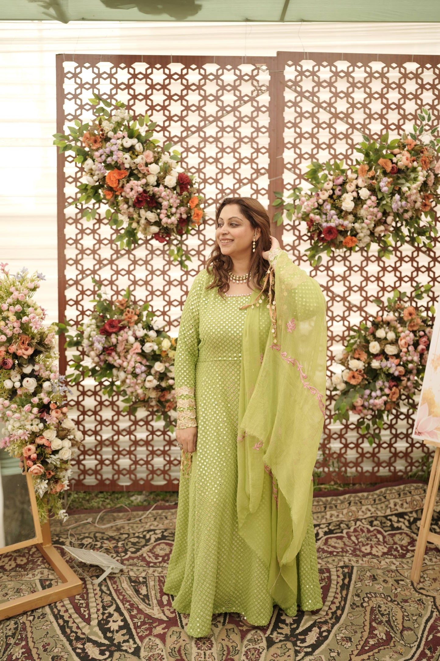 3-Piece Green Mirrorwork Anarkali with Dangling Tassles and Aari Work Dupatta